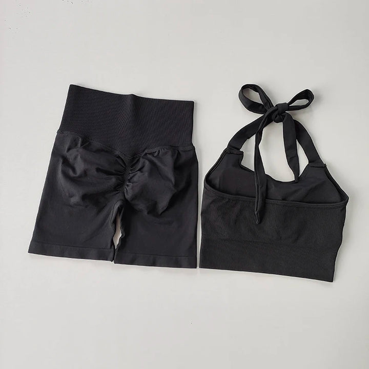 Peach Hip Lifting Suit Neck Hanging Sports Bra Shockproof Gathering Bra Quick Drying Short Set Gym Fitness Running Yoga Suit
