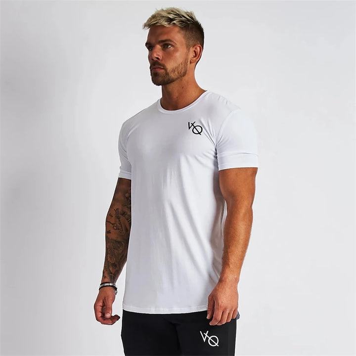Cotton slim fitting men short sleeve T-shirt round neck casual streetwear men's top jogger gym running exercise sportswear