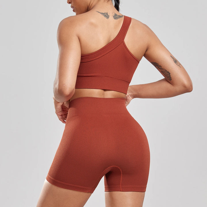 New Woman One Shoulder Bra Fitness Shorts Set