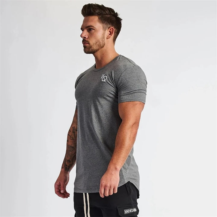 Cotton slim fitting men short sleeve T-shirt round neck casual streetwear men's top jogger gym running exercise sportswear