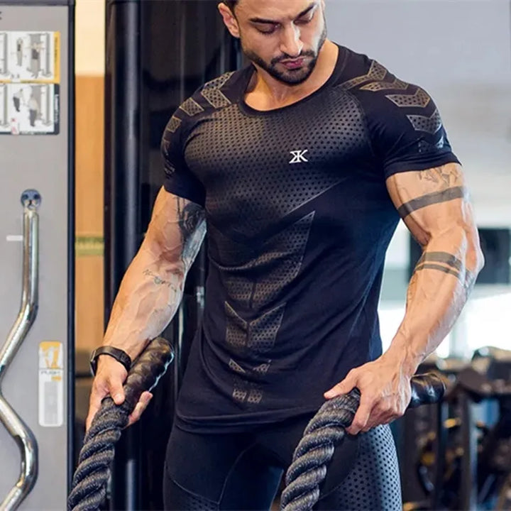 2024 Men Running Sport T-shirt Gym Fitness Training Quick Dry Skinny Short Sleeves Shirt Crossfit Bodybuilding Tee Tops Clothing