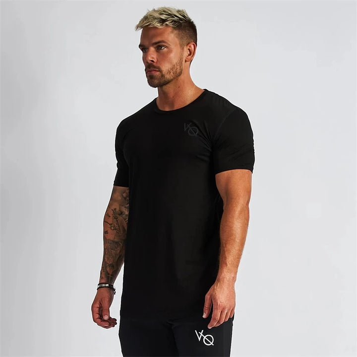 Cotton slim fitting men short sleeve T-shirt round neck casual streetwear men's top jogger gym running exercise sportswear