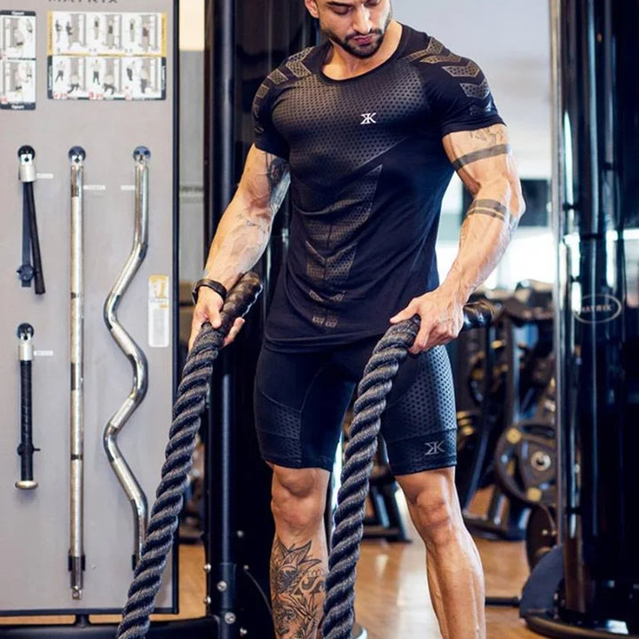 2024 Men Running Sport T-shirt Gym Fitness Training Quick Dry Skinny Short Sleeves Shirt Crossfit Bodybuilding Tee Tops Clothing