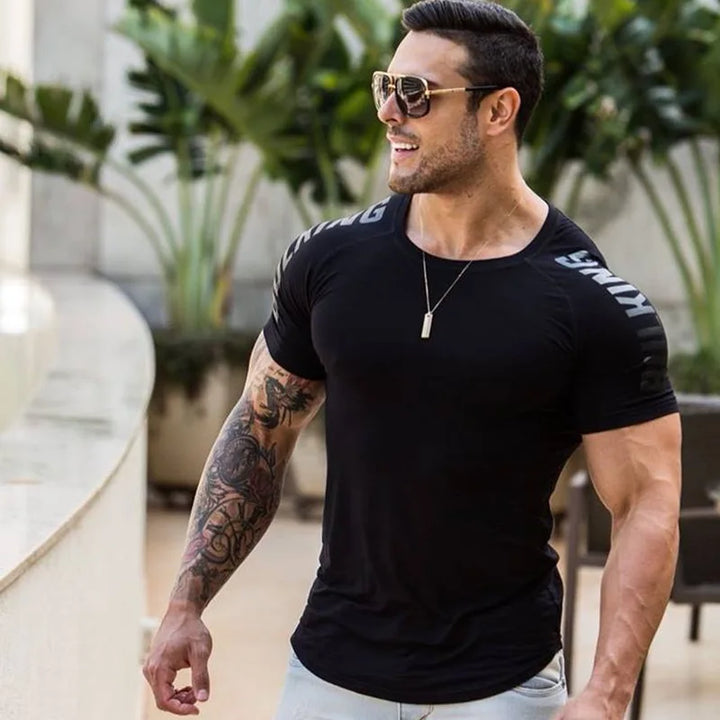 2024 Men Running Sport T-shirt Gym Fitness Training Quick Dry Skinny Short Sleeves Shirt Crossfit Bodybuilding Tee Tops Clothing