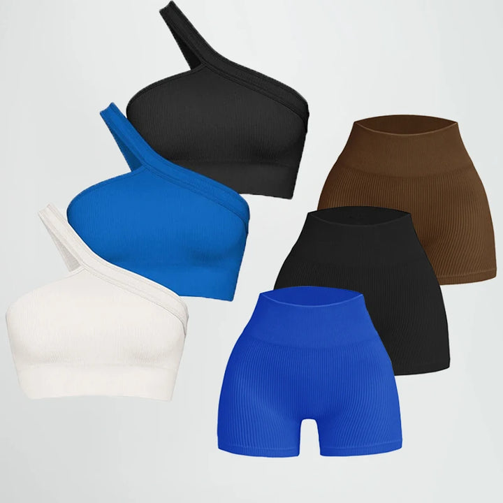 New Woman One Shoulder Bra Fitness Shorts Set