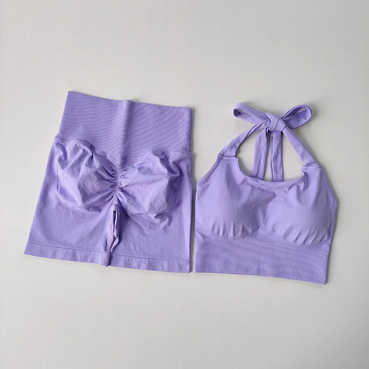Peach Hip Lifting Suit Neck Hanging Sports Bra Shockproof Gathering Bra Quick Drying Short Set Gym Fitness Running Yoga Suit