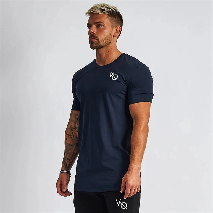Cotton slim fitting men short sleeve T-shirt round neck casual streetwear men's top jogger gym running exercise sportswear