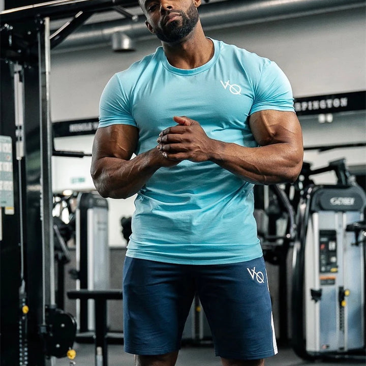 Cotton slim fitting men short sleeve T-shirt round neck casual streetwear men's top jogger gym running exercise sportswear