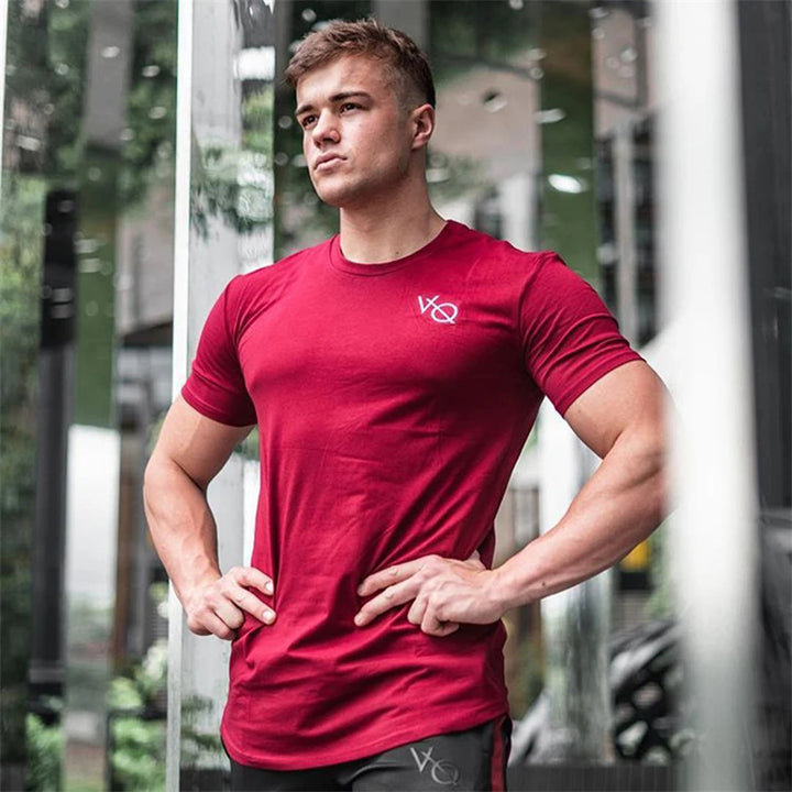 Cotton slim fitting men short sleeve T-shirt round neck casual streetwear men's top jogger gym running exercise sportswear