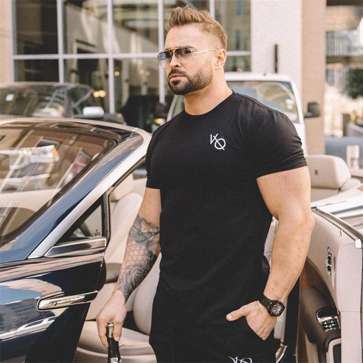 Cotton slim fitting men short sleeve T-shirt round neck casual streetwear men's top jogger gym running exercise sportswear