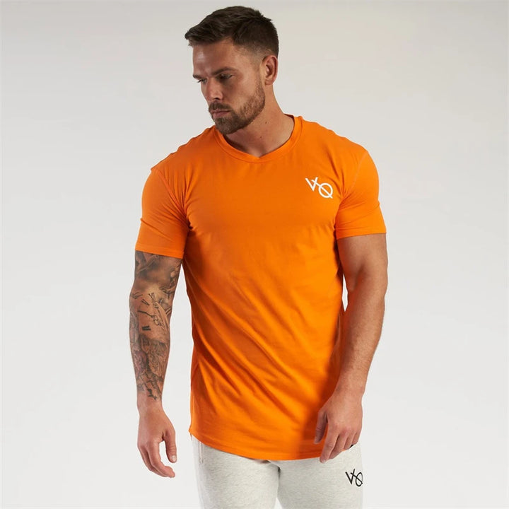 Cotton slim fitting men short sleeve T-shirt round neck casual streetwear men's top jogger gym running exercise sportswear