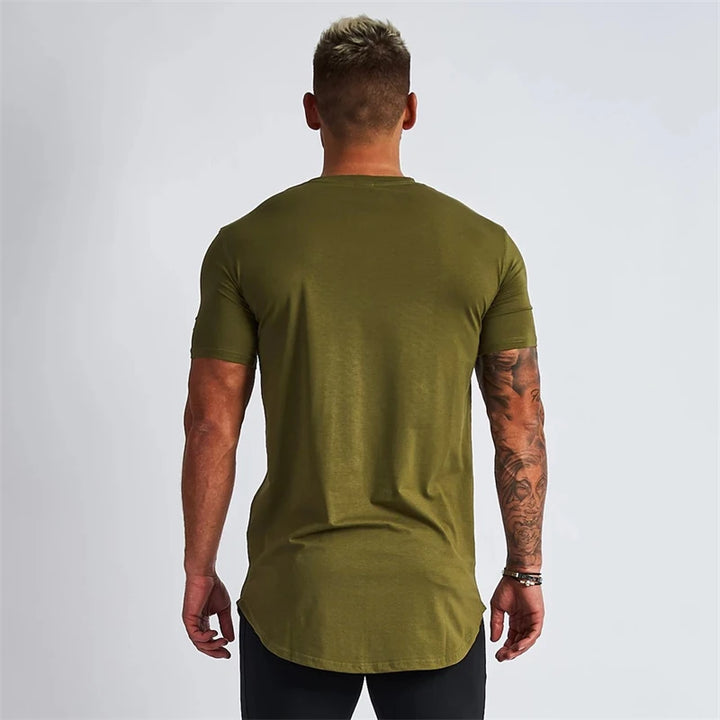 Cotton slim fitting men short sleeve T-shirt round neck casual streetwear men's top jogger gym running exercise sportswear