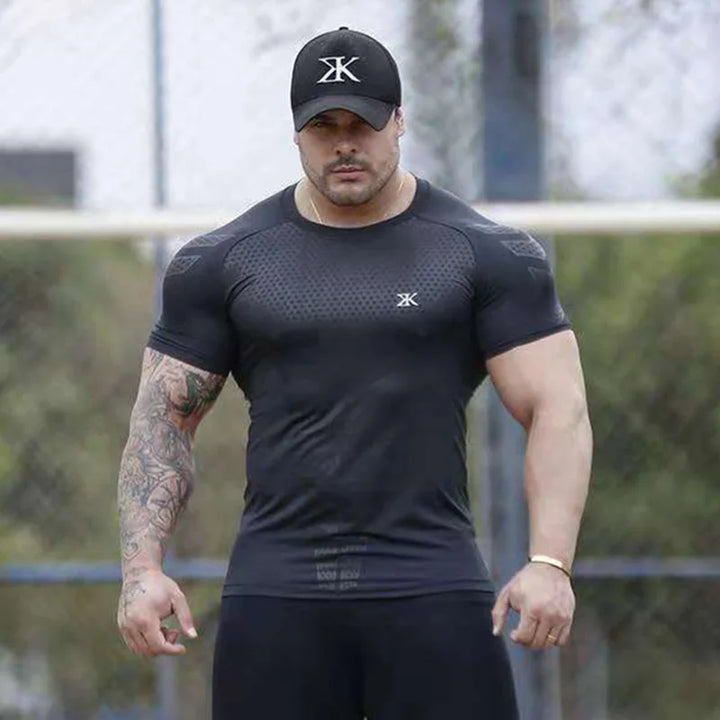 2024 Men Running Sport T-shirt Gym Fitness Training Quick Dry Skinny Short Sleeves Shirt Crossfit Bodybuilding Tee Tops Clothing