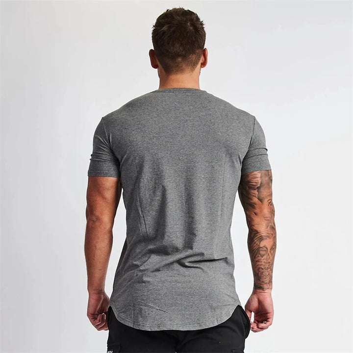 Cotton slim fitting men short sleeve T-shirt round neck casual streetwear men's top jogger gym running exercise sportswear