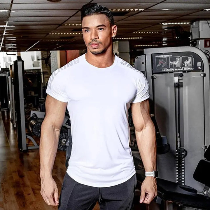 2024 Men Running Sport T-shirt Gym Fitness Training Quick Dry Skinny Short Sleeves Shirt Crossfit Bodybuilding Tee Tops Clothing